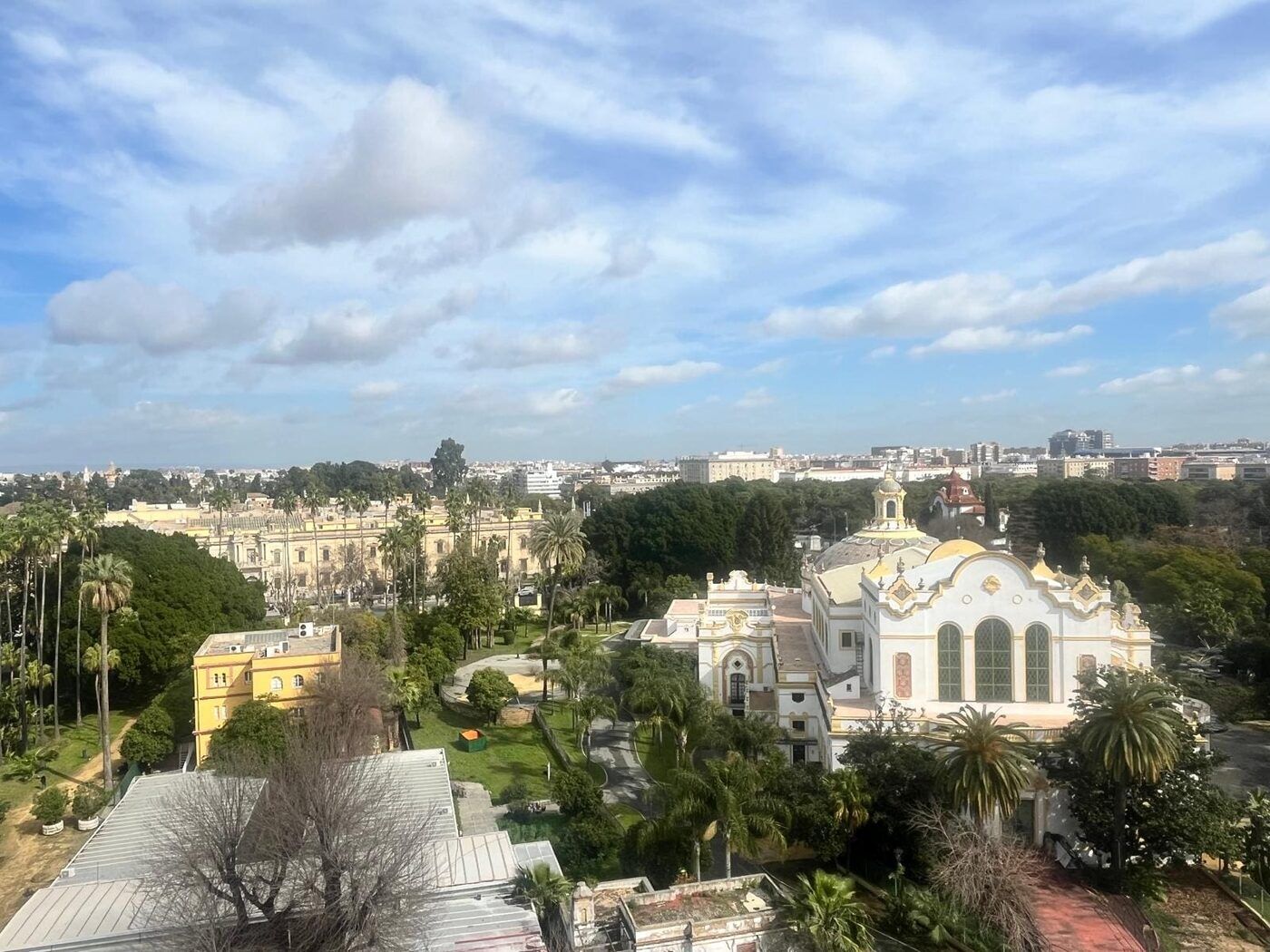 Elevated view over gardens and pavilions of the 1929 Ibero-American Exposition in Seville