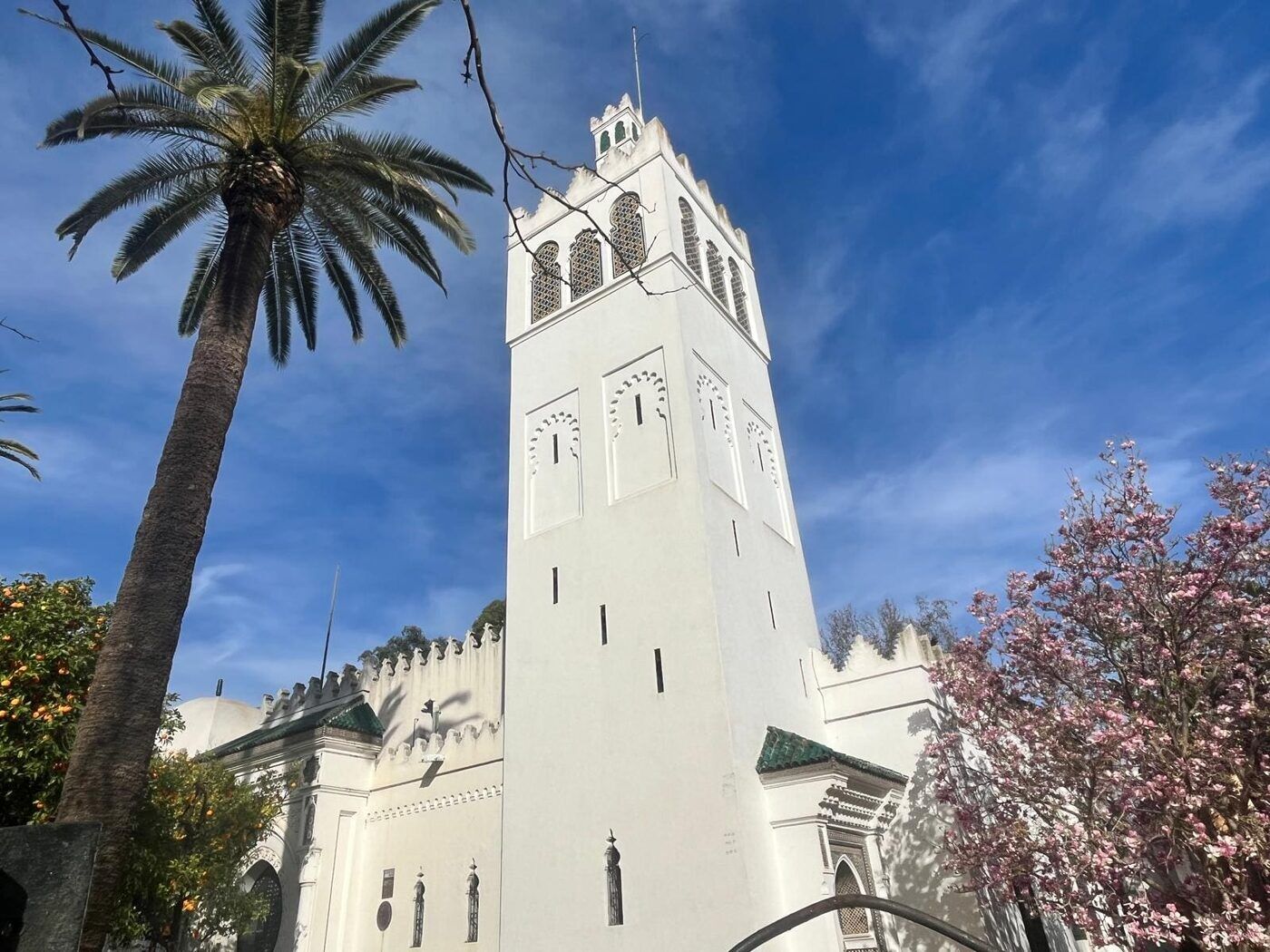 White minaret-style tower of a Moorish-inspired pavilion from the 1929 exposition in Seville