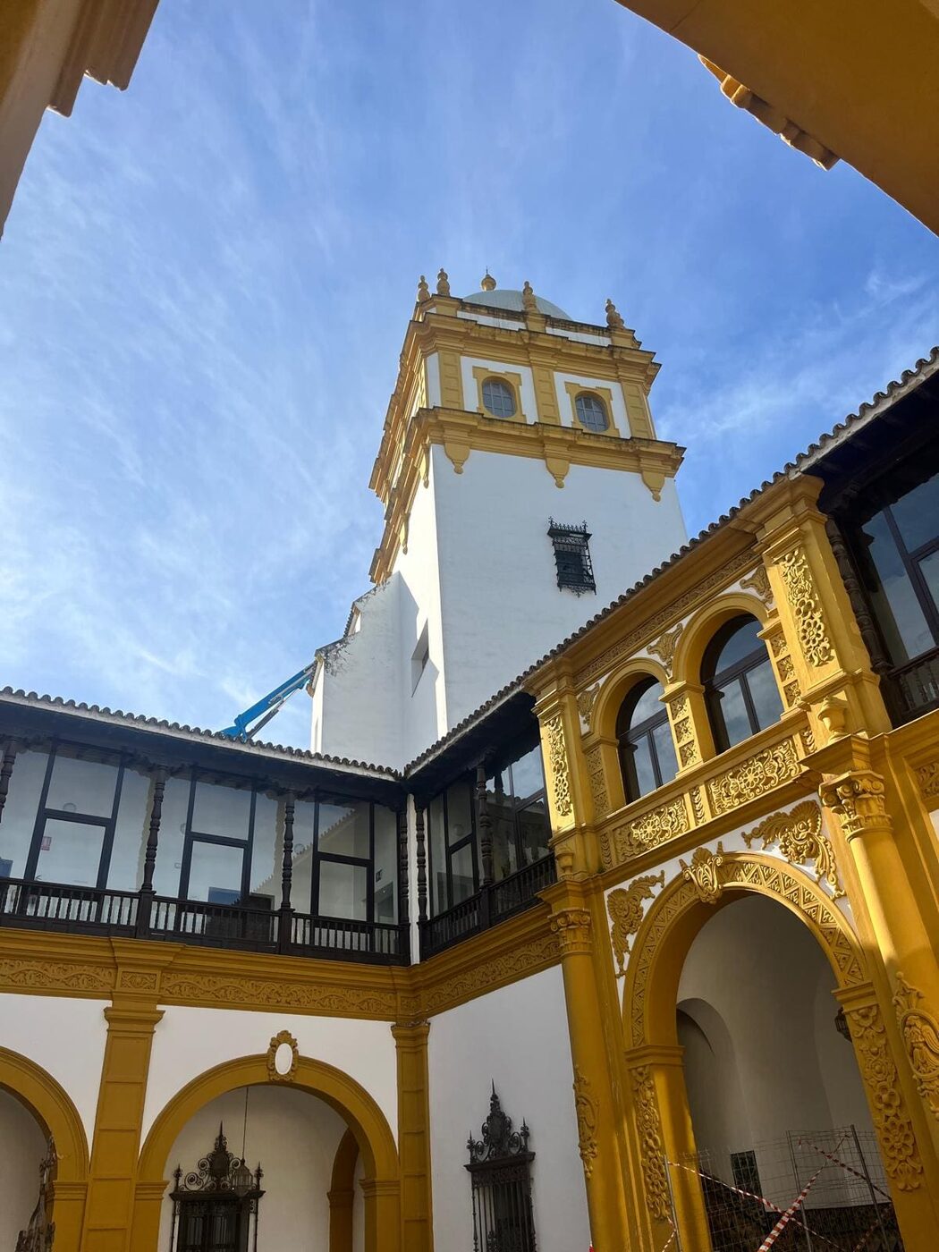 Courtyard and tower of an ornate pavilion built for the 1929 Ibero-American Exposition in Seville