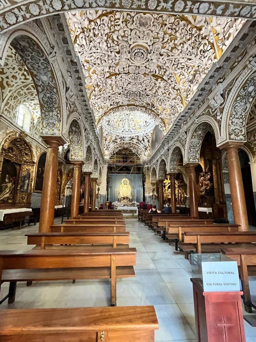 Ornate Baroque plasterwork ceiling inside Santa María la Blanca church, a former synagogue in Seville