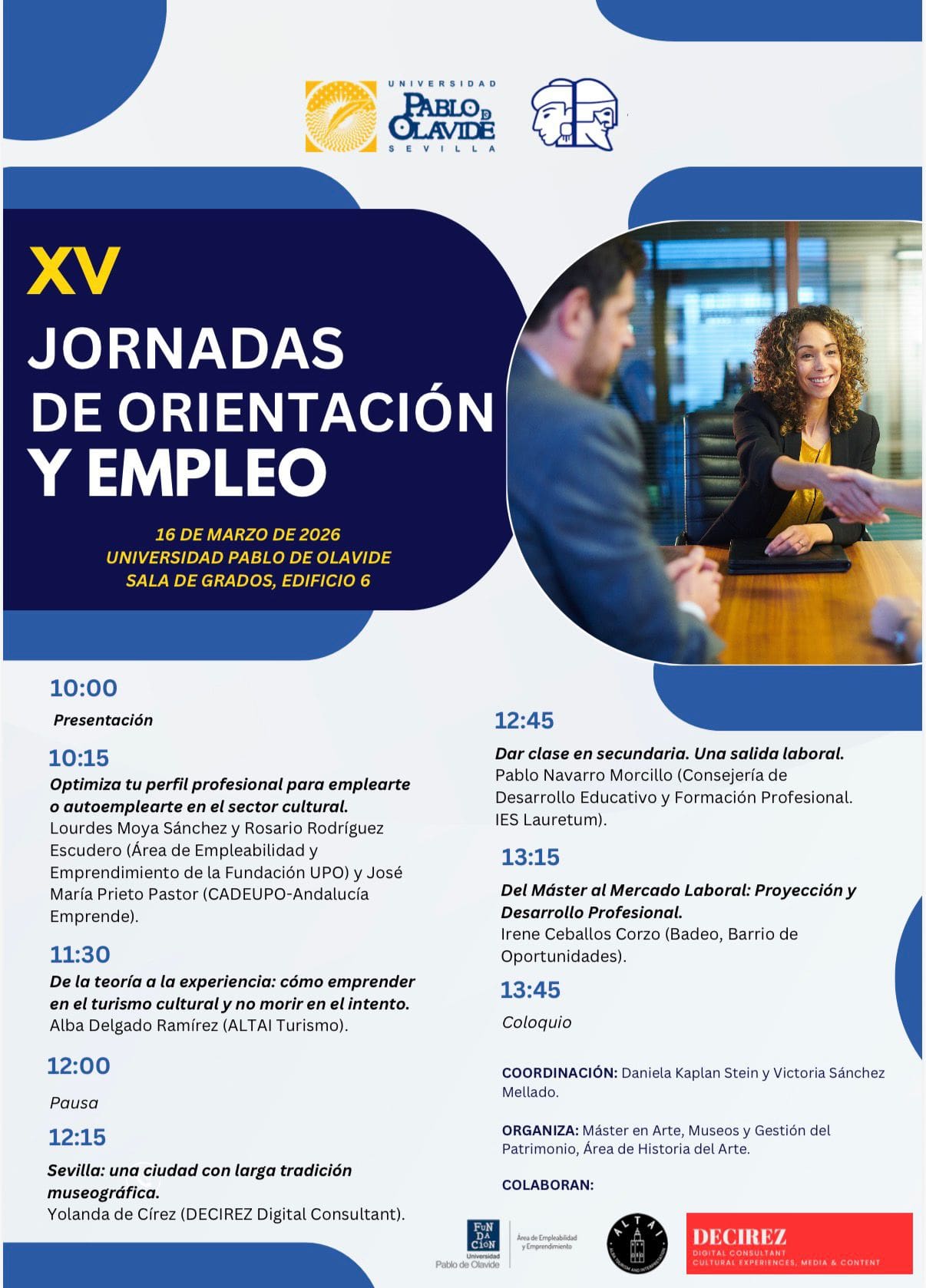 Cartel de las XV Jornadas de Orientación y Empleo de la Universidad Pablo de Olavide con el programa de ponencias