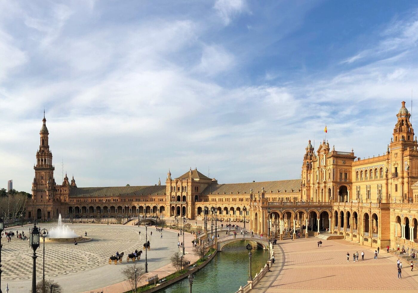 Panoramic view of Plaza de España in Seville, centerpiece of the 1929 Ibero-American Exposition