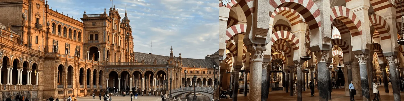 Plaza de España in Seville beside the red-and-white arches of Córdoba's Mosque-Cathedral