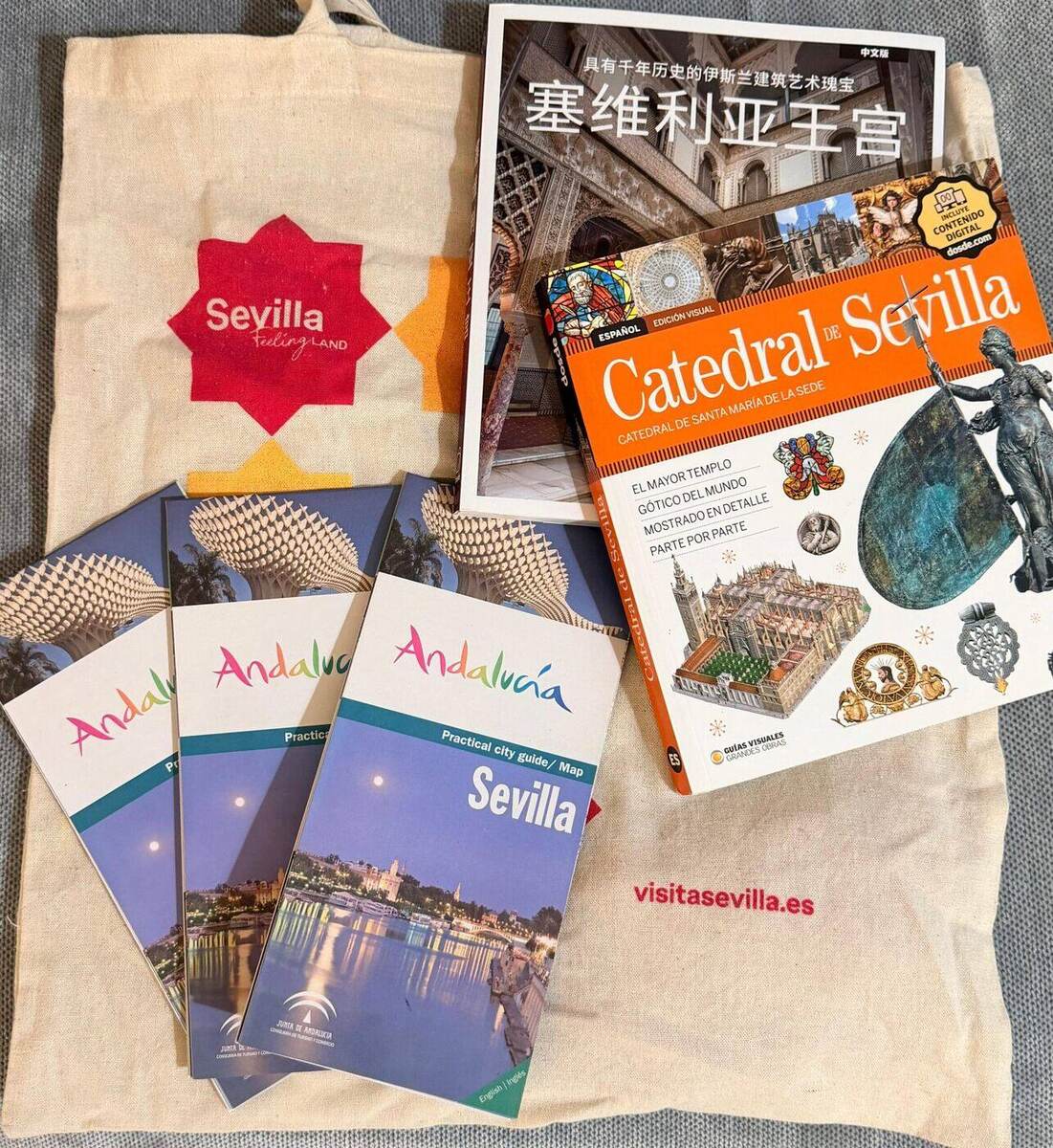 City maps, guidebooks, and a tote bag from a Seville tourist information center laid out for trip planning
